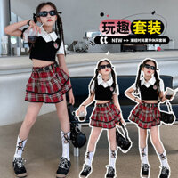 Bộ đồ phong cách học đường cho bé gái, mùa hè mới, áo giả hai mảnh, chân váy ngắn thời trang, phong cách JK cho bé gái lớn EWYF