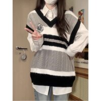 Bộ đồ phong cách học đường thu đông áo Gile Dệt kim phù hợp với màu huy hiệu cổ chữ V cho nữ áo len xếp chồng Áo sơ mi