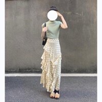 Bộ Đồ Phong Cách Phương Tây Áo Cổ Cao Tay Ngắn Cao Cấp Chân Váy Dài Chấm Bi Thiết Kế Bèo Lá Sen Mẫu Mới