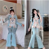 Bộ đồ Pijama JUSOKA lụa gấm xước ánh kim họa tiết GẤU BÔNG XANH xinh xắn dễ thương