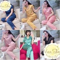 Bộ đồ pijama lụa, bộ lụa cộc tay quần dài viền bèo nơ túi xinh xắn