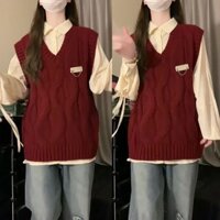 Bộ đồ Preppy Hàn Quốc Áo Vest dệt kim nữ màu đỏ + Áo sơ mi Bộ hai mảnh Xuân Thu