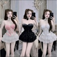 Bộ đồ SÉT Áo Cúp Croset Đan Dây và Chân Váy Tơ Tầng