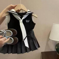 Bộ Đồ SiRi Baby Bé Gái Áo Không Tay Cổ Thuỷ Thủ Cavat Và Váy Xếp Ly Mùa Hè Mát Mẻ Order