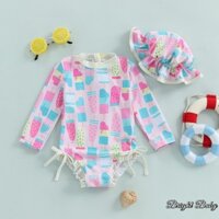 Bộ đồ tắm dài tay in kem cho bé gái Đồ bơi trẻ sơ sinh có mũ chống nắng