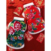 Bộ đồ Tang năm mới cho thú cưng, quần áo ấm cho mèo Đức, lễ hội năm mới, áo khoác bông lớn hoa mùa thu đông cho chó Teddy