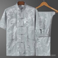 Bộ đồ tang suit lụa băng cho nam, áo sơ mi ngắn tay cho người trung niên và người cao tuổi, phong cách Trung Quốc cho ông, kích thước lớn, quần áo cho bố