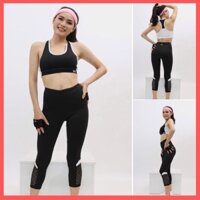 Bộ Đồ Tập Gym Nữ Set Quần Áo Yoga Thể Thao Gồm Bra Có Lót Ngực và Quần Lửng Màu Trắng Đen