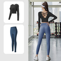Bộ đồ tập gym, tập yoga nữ với áo croptop đan dây lưng dài tay và quần dài cạp cao, nâng mông