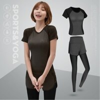 Bộ đồ tập gym yoga nữ 2 món LuLu Sport, set thể thao nữ cao cấp áo thun quần legging 2 lớp thể thao