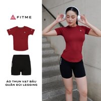 Bộ đồ tập gym yoga nữ Fitme áo thun vạt bầu thoáng khí Đỏ, quần đùi legging Đen tôn dáng