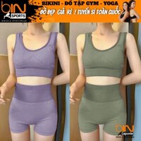 Bộ đồ tập gym yoga pickleball nữ áo bra kèm mút và quần đùi thun dệt kim 4 chiều BINSPORTS BN044