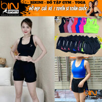 Bộ đồ tập gym yoga pickleball nữ áo bra kèm mút và quần đùi 2 lớp thun poly cao cấp co giãn 4 chiều BINSPORTS BN070