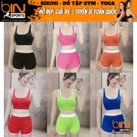 Bộ đồ tập gym yoga pickleball nữ áo bra kèm mút và quần đùi cạp cao thun poly BINSPORTS BN034