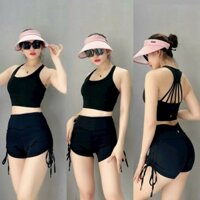 Bộ Đồ Tập Thể Thao Nữ Gym Yoga Aerobic Áo Croptop Quần Váy Rút Cao Cấp