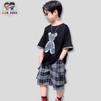 Bộ đồ tay ngắn bé trai CON XINH cotton phối quần caro Gấu nhồi bông,set quần đùi áo thun cho trẻ em từ 4 đến 10 tuổi