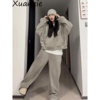 Bộ đồ thể thao mùa xuân cỡ lớn phong cách Hàn, bộ giảm cân, cotton nguyên chất, phong cách lười biếng, bộ đồ thể thao nữ mùa thu đông, áo khoác lông cừu rộng rãi, bộ thời trang hai món