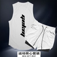 Bộ đồ thể thao Nam Thiết bị chạy bộ khô nhanh Áo bóng rổ bằng lụa băng Áo thể dục Huấn luyện hai mảnh Quần năm điểm Hợp thời trang Bộ đồ thể thao nam Thiết bị chạy bộ Áo bóng rổ lụa băng khô nhanh