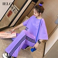 Bộ đồ thể thao nữ IELGY áo thun ngắn + quần ống rộng lưng cao
