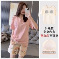 Bộ đồ thể thao nữ mùa hè mới 100% cotton với đệm ngực, mặc ngoài, tay ngắn và quần short, bộ hai mảnh 55202