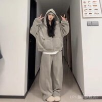 Bộ đồ thể thao nữ mùa thu đông phong cách Hàn, kích thước lớn, bộ giảm cân, bộ mùa xuân, cotton nguyên chất, áo khoác lông cừu thoải mái, bộ đồ thể thao phong cách Mỹ, áo sweatshirt rộng rãi cho sinh viên, bộ hai mảnh