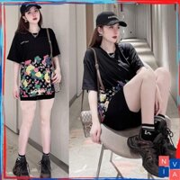 Bộ đồ thể thao nữ NA005 Set đồ nữ đi chơi bigsize quần đùi đen áo thun form rộng cotton sang chảnh mùa hè NIVA