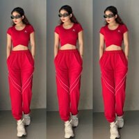 Bộ Đồ Thể Thao Nữ, Quần Jogger Phối Sọc Áo Croptop Cạp Chéo Nhiều Màu Tập Gym, Yoga, Aerobic, Đạp Xe Cao Cấp