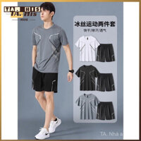 Bộ đồ thể thao quần áo nam chạy bộ ngắn tay băng lụa nhanh khô lông vũ quần áo tập thể dục quần short