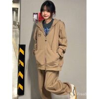 Bộ đồ thể thao quần ống rộng thời trang áo len nữ 2025 cạp cao kéo khóa mùa xuân mẫu màu xanh lá cây Cardigan thường ngày trẻ trung