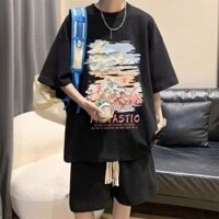 Bộ đồ thể thao thời trang mùa hè cho nam mùa hè, quần đùi ngắn tay in hoạt hình dáng rộng kèm set đồ