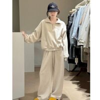 Bộ đồ thể thao thời trang nữ mùa đông 2025 Plus nhung dày cổ đứng nửa dây kéo Bộ đồ hai mảnh tuổi-