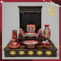 Bộ đồ thờ ban thần tài đắp nổi màu đỏ đủ bộ gốm sứ Bát Tràng cao cấp, ban thờ chuẩn phong thủy