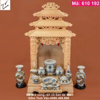 Bộ đồ thờ cúng bàn thờ thần tài địa, mã 610192, men rạn cổ hoa văn rồng và hoa sen đắp nổi 3D, gồm bát nhang, đèn dầu, bình bông, bộ 3 ly nước, bát nước có nắp, bộ trà mini, đĩa trái cây, chóe tài lộc, nậm rượu..., gốm sứ bát tràng tinh vân