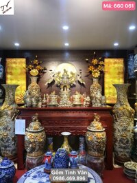 Bộ đồ thờ cúng đầy đủ ban thờ gia tiên, mã 610186, men rạn cổ, hoa văn rồng và chim công đắp nổi 3D, vinh hoa phú quý, chóe, thống, tỏi, bình hút lộc hoa sen đồng, bát nhang, lọ lục bình, mâm bồng, đèn dầu, chóe muối gạo nước, nậm rươu..., gốm sứ bát tràng tinh vân