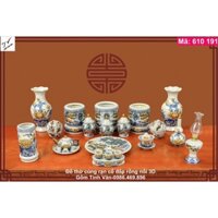 Bộ đồ thờ cúng đầy đủ, mã 610191, men rạn cổ hoa văn rồng chầu nguyệt đắp nổi 3D, bát hương,...gốm sứ bát tràng tinh vân