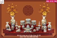 Bộ đồ thờ cúng đầy đủ, mã 610190, men rạn cổ hoa văn rồng chầu nguyệt đắp nổi 3D, lọ lục bình, bình cắm bông, bộ đũa xòe quạt, đèn dầu, nậm rượu, chóe muối gạo nước, kỷ ngai 5 chén, bát cơm, mâm bồng trái cây, bát nước, bộ trà mini..., gốm sứ bát tràng tinh vân