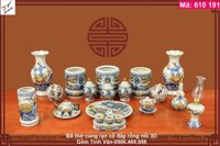 Bộ đồ thờ cúng đầy đủ, mã 610191, men rạn cổ hoa văn rồng chầu nguyệt đắp nổi 3D, bát hương, lọ hoa, ống hương, đèn dầu, nậm rượu, chóe muối gạo nước, kỷ 3 chén, bát cơm, mâm bồng trái cây, bát nước, bộ trà mini..., gốm sứ bát tràng tinh vân