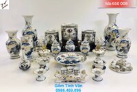 Bộ đồ thờ cúng đầy đủ xanh lam rồng sen vẽ vàng 24k cao cấp, mã 650008, bát nhang, lọ hoa, kỷ chén, đèn dầu, chân nến, đĩa trái cây, đũa sứ, ống cắm nhang, choé muối gạo nước..., bộ đồ thờ gốm bát tràng