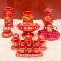 Bộ đồ thờ thần tài, gia tiên màu đỏ gấm, bát hương sứ màu đỏ
