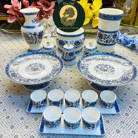 Bộ đồ thờ thần tài RỒNG VIỆT, Bộ đồ sứ men gấm Xanh cao cấp, tôn nghiêm ban thờ