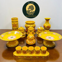 Bộ đồ thờ thần tài RỒNG VIỆT, Bộ đồ sứ men gấm vàng hoạ tiết sen cao cấp, sang trọng (RV)