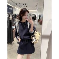 Bộ Đồ Thời Trang Cho Nữ Áo Len Dài Tay Phối Sọc Tương Phản Cổ Tròn Chân Váy Dây Rút Eo Cao Bộ Hai Chiếc Đầu Thu