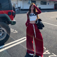 Bộ đồ thời trang màu đỏ hợp thời trang đường phố Mỹ dành cho nữ ngắn Skinny co giãn in hình Áo thun dài tay một cổ + Dây thun lưng cao Quần ống rộng hai @ -