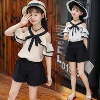 Bộ Đồ Thời Trang Mùa Hè Áo Tay Áo Vải Voan + Quần Short 7 Món 6 Cánh Cho Bé Gái 6-12 Tuổi