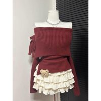 Bộ đồ thời trang nữ 2023 mùa thu đông mới Hàn Quốc đồ tết hottie lệch vai áo len nơ bánh váy 2 bộ