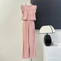 Bộ đồ thời trang phổ biến khí chất khâu nấm Áo Tay bay nhỏ quần ống rộng ống đứng cạp cao mùa hè cho nữ Bộ hai chiếc