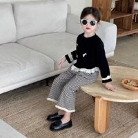 Bộ đồ thời trang quần sọc cho bé gái | Áo thun nơ đen ngọt ngào Quần ỐNg RộNg REN SỌC
