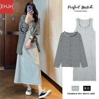 Bộ Đồ Thu: Áo Cardigan Kẻ Sọc & Váy Yếm – Thời Trang Thanh Lịch & Thoải Mái