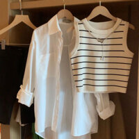 Bộ đồ thu đông, áo sơ mi tôn dáng khí chất nữ, áo ba lỗ dệt kim kẻ sọc, Bộ hai chiếc thường ngày phối hai dây bên trong