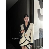 Bộ đồ thu đông cỡ lớn Bộ đồ phong cách Hàn Bộ đồ tôn dáng Bộ đồ Bộ đồ nữ thu đông khí chất quý cô con gái màu tương phản màu áo khoác váy ngang hông Bộ hai chiếc